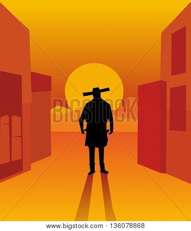 Wild west gunslinger. Background the city and the desert.