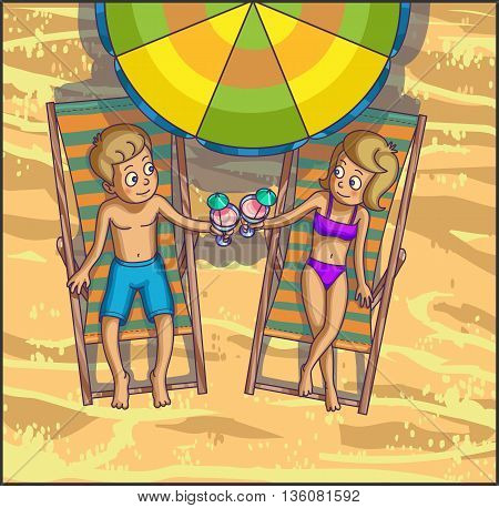 Summer tropical relax leasure scene on the beach. Happy couple are having fun on summer beach. Tourists on the beach. Vector Illustration.