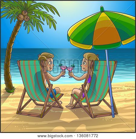 Summer tropical relax leasure scene on the beach. Happy couple are having fun on summer beach. Tourists on the beach. Vector Illustration.