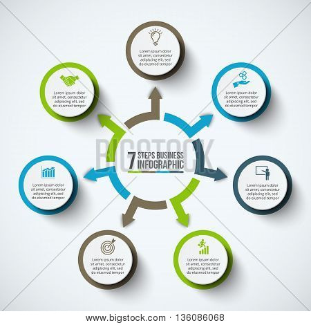 Vector infographic design template. Business concept with 7 options, parts, steps or processes. Can be used for workflow layout, diagram, number options, web design. Data visualization.