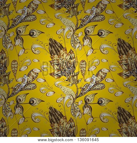 Seamless vintage pattern on yellow background with golden elements.
