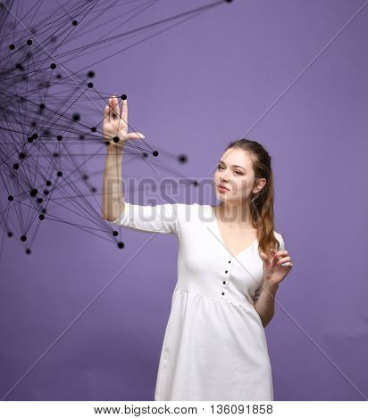Worldwide network or wireless internet connection futuristic concept. Woman working with linked dots.
