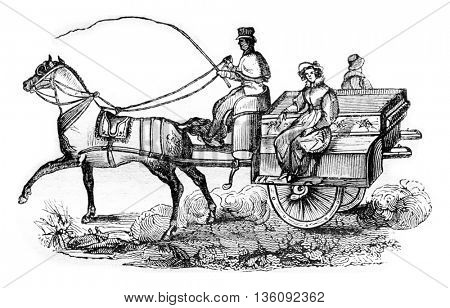 The Irish Omnibus, Jaunting car, vintage engraved illustration. Magasin Pittoresque 1836.