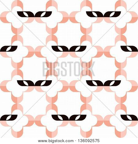 Pattern of stylized domino masks and pink quatrefoils on white background. Seamless repeat.