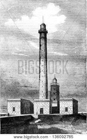 Lighthouse barfleur, Department of Manche, vintage engraved illustration. Magasin Pittoresque 1836.