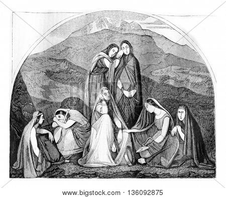 1836 Exhibition of Painting, Jephte's daughter, vintage engraved illustration. Magasin Pittoresque 1836.