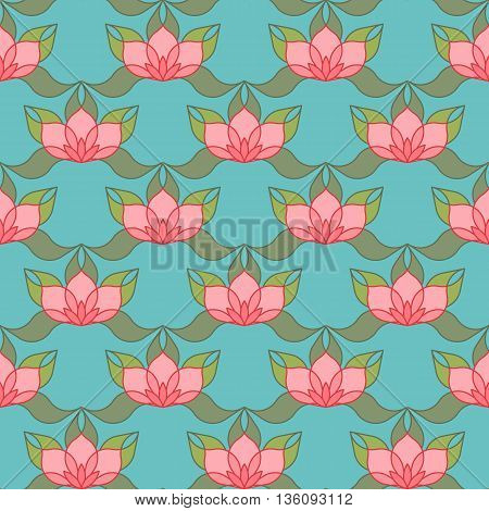 Pink stylized lotus flowers on light blue background. Seamless repeat.