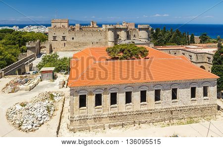 top view of the restored building and the main castle of Rhodes