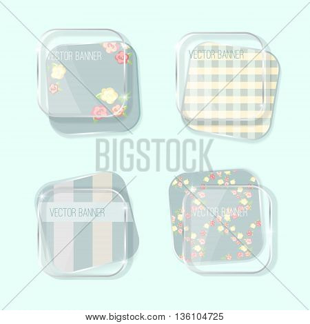 Vector banners set. pastel colors. glass elements. english style. shabby chic. gray blue color. Vector label with a glass surface. Eps