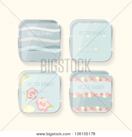 Vector banners set. pastel colors. glass elements. english style. shabby chic. pink color. Vector label with a glass surface.  Eps