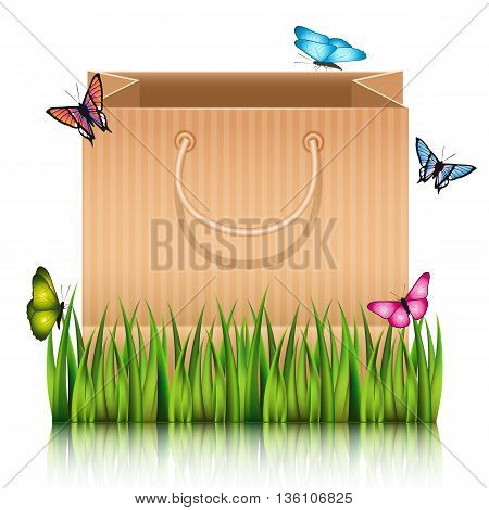 Paper shopping bag on the meadow grass with butterflies. Vector illustration.