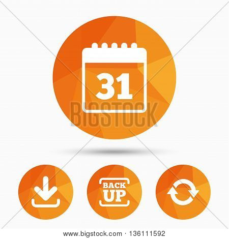 Download and Backup data icons. Calendar and rotation arrows sign symbols. Triangular low poly buttons with shadow. Vector