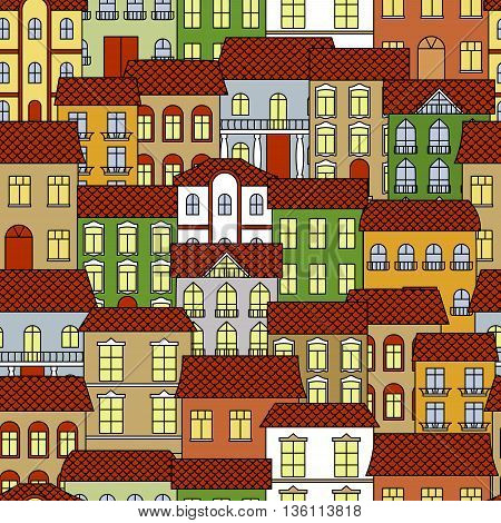 Colorful seamless old town cityscape pattern background for traveling and architecture themes design with vintage house facades and brown ceramic roofs, forged balcony balustrades and figured columns