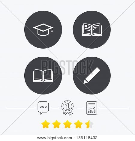 Pencil and open book icons. Graduation cap symbol. Higher education learn signs. Chat, award medal and report linear icons. Star vote ranking. Vector