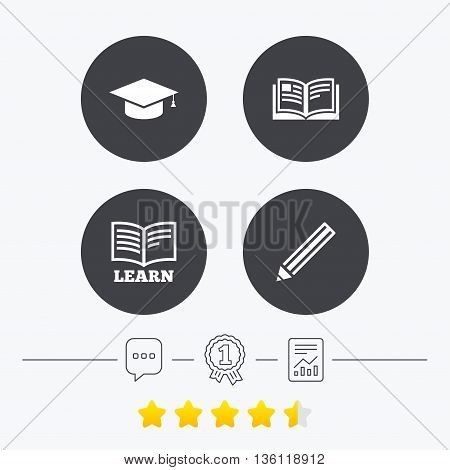 Pencil and open book icons. Graduation cap symbol. Higher education learn signs. Chat, award medal and report linear icons. Star vote ranking. Vector