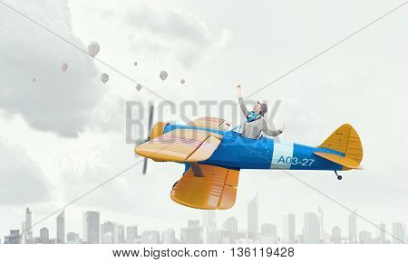Girl flying old plane . Mixed media