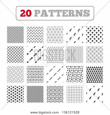 Ornament patterns, diagonal stripes and stars. Feather retro pen icons. Paint brush and pencil symbols. Artist tools signs. Geometric textures. Vector
