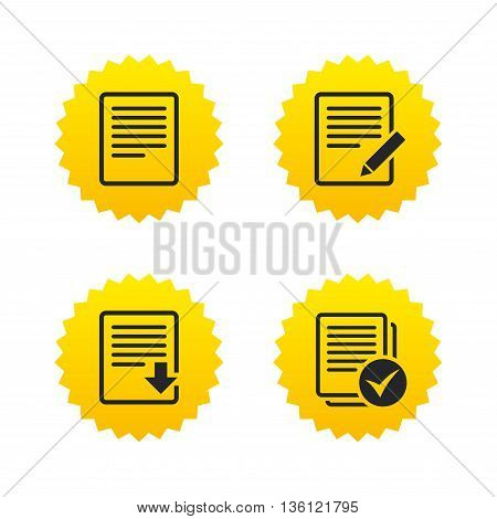 File document icons. Download file symbol. Edit content with pencil sign. Select file with checkbox. Yellow stars labels with flat icons. Vector
