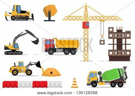 Construction machines builders and house building process. Process of building the house. Engineering measured, architectural work, builders make a house. Vector flat illustration