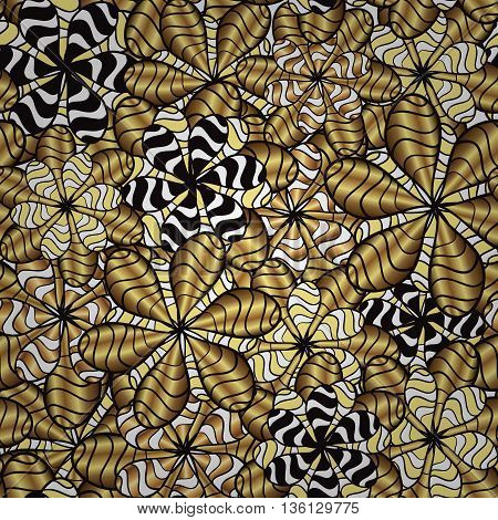 Seamless vintage pattern on black background with golden elements.
