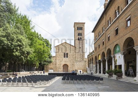 RAVENNA,ITALY-AUGUST 21,2015:front view of the Sanint Francis church in Ravenna-Italyduring a cloudy day .
