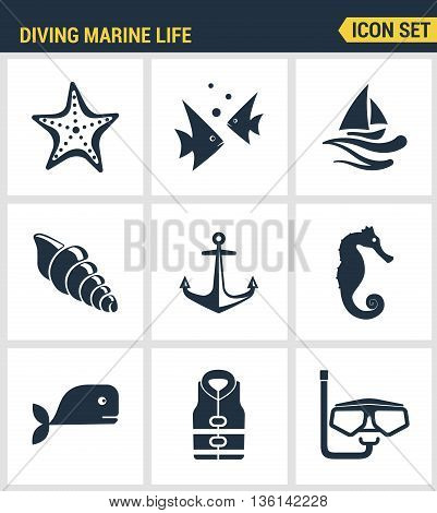 Icons set premium quality of diving marine life activity sea tropical summer diver equipment. Modern pictogram collection flat design style symbol collection. Isolated white background.