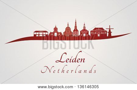 Leiden skyline in red and gray background in editable vector file