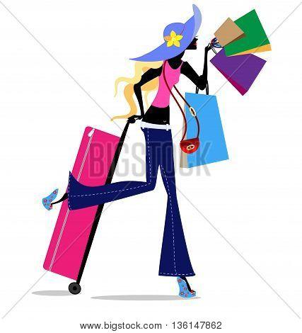 blonde girl with bags and with large suitcase in the city