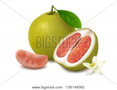 Green pomelo fruit with red pulp on white background