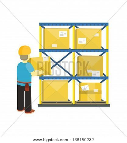 Goods in stock banner design flat. Warehouse stock with a pile of cardboard boxes and package boxes. Delivery and shipping cargo, logistic to storehouse, merchandise box, vector illustration