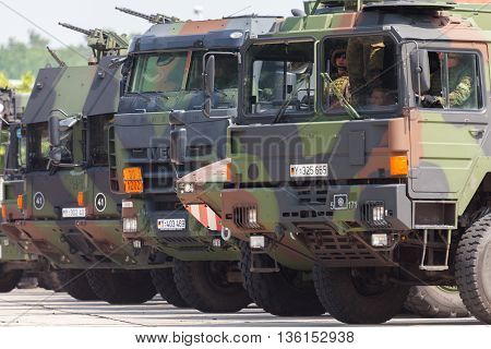 BURG / GERMANY - JUNE 25 2016: german military army convoy stands on open day in barrack burg / germany at june 25 2016
