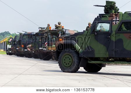 BURG / GERMANY - JUNE 25 2016: german military army convoy stands on open day in barrack burg / germany at june 25 2016
