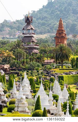 Nong Nooch Tropical Garden in Pattaya Thailand. Panorama landscape view of formal garden.