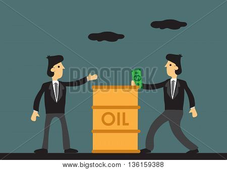 Cartoon businessman paying money for a barrel of oil.