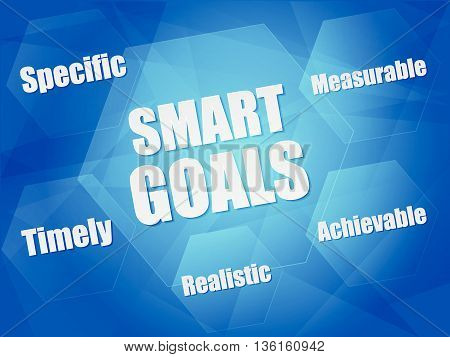 smart goals - specific, measurable, achievable, realistic, timely - concept words in hexagons over blue background, flat design, vector