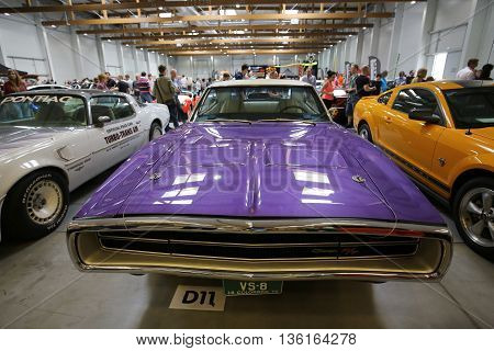 CRACOW POLAND - MAY 21 2016: Dodge Charger R-T displayed at 3rd edition of MOTO SHOW in Cracow Poland. Exhibitors present most interesting aspects of the automotive industry