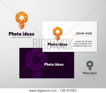 Abstract Vector Logo with Business Card Template or Mock-up. Shutter and Light Bulb Concept Symbol. Diaphragm Icon. Photography Sign. Modern Typography and Realistic Soft Shadows. Isolated.