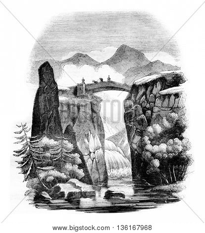 The Briancon bridge over the Durance, department of Hautes-Alpes, vintage engraved illustration. Magasin Pittoresque 1836.