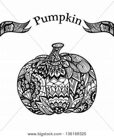 Pumpkin with  Zen tangle  pattern black on white for coloring page or relax coloring book or for decorate package clothes or flyers banners Post Card on celebrating Halloween