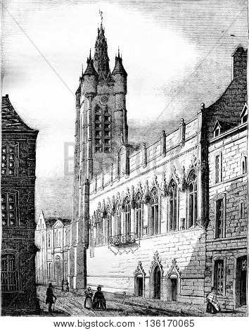 City Hall of Douai, Northern Department, vintage engraved illustration. Magasin Pittoresque 1836.
