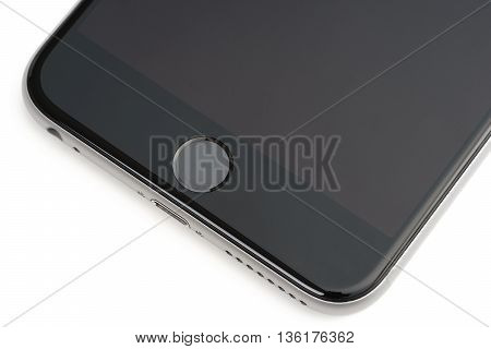 UFA RUSSIA - 26 JUNE 2016: iPhone 6 Plus is a smartphone developed by Apple Inc. iPhone 6 Plus close-up Touch ID
