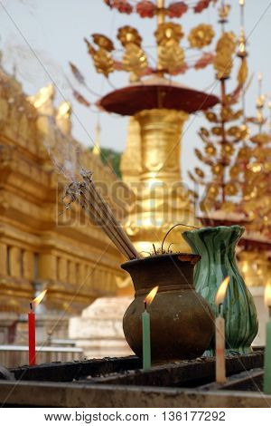 Incense Sticks Burning with Smoke in old temple in Bagab, Myanmar