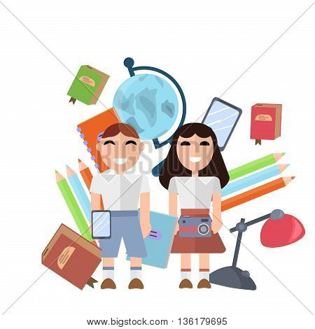 Back to school supplies set vector illustration. Learning notebook kids accessories school supplies. Student equipment school supplies. Stationery book college tools. Back to school concept.