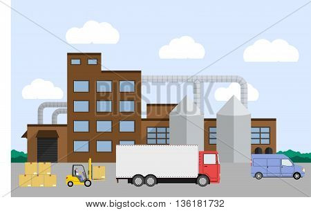 Truck and forklift loader near factory. Cargo loading. Industry product loading into truck. Vector illustration.