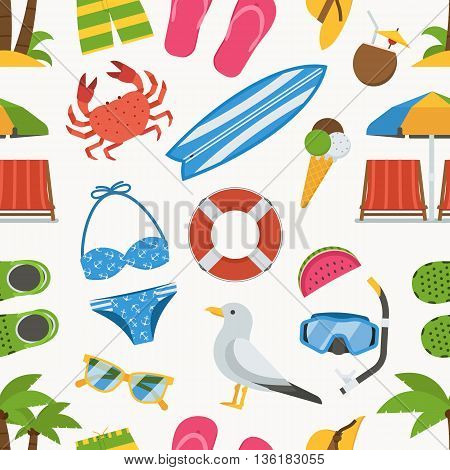 Summer beach seamless background. Sea vacation vector pattern. Sunbathing accessories and sunbathing activity beaches elements backdrop. Marine sports and leisure symbols.