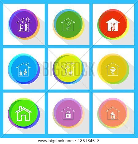 9 images: workshop, flower shop, home affiance, pharmacy, family home, home work, bank. Home set. Internet template. Vector icons.