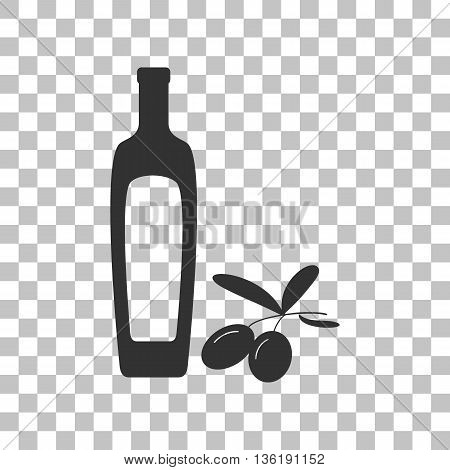 Black olives branch with olive oil bottle sign. Dark gray icon on transparent background.