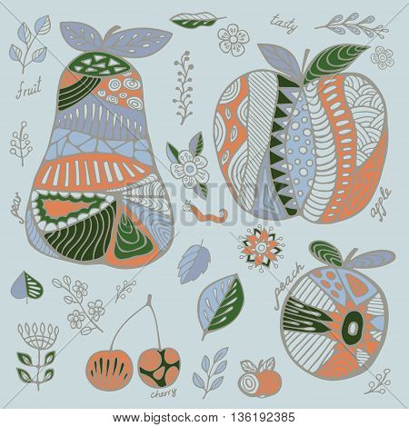 stock vector set of fruit with cherry pear peach apple leaf and flower. hand draw doodle pattern
