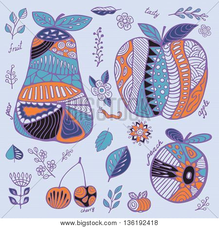 stock vector set of fruit with cherry pear peach apple leaf and flower. hand draw doodle pattern