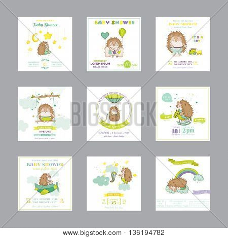 Baby Shower Card. Arrival Baby Card. Baby Hedgehog Boy. Vector Set.